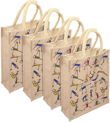 

Arjun RO Premium Natural Jute Burlap Multipurpose Grocery Zip and Printed Yoga Jute Bag/Yoga Lunch Bag with Cotton Webbed Handles Yoga Jute Bag Lunch for Women and Men, Size:- 14X12X5 inch (Pack of 4) Multipurpose Bag(Multicolor, 3 L)