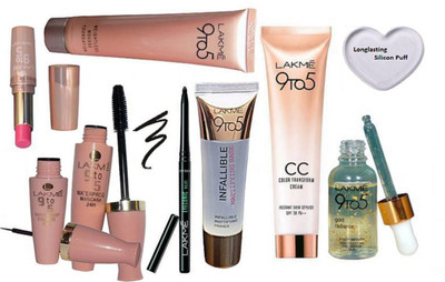 

Longlasting Silicon Puff , 9to5 Mousse foundation With Gold Radiance Face Serum With Liquid Eyeliner With Mascara & 9 To 5 Matte Finish lipstick,CC Color transform Cream With Infallilible Mattifying Primer,Eyeconicn Kajal(Set of 9)