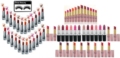 

divas beauty Eyelashes, Matte Lipstick Pack Of 12 & Lakme 9 to 5 Lipstick Pack of 24 With Enrich Lipstick Pack Of 24(Set of 60)