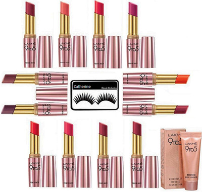 

catherine eyelashes, Lakme 9to5 lipstick pack of 12, weightless mousse foundation(Set of 14)