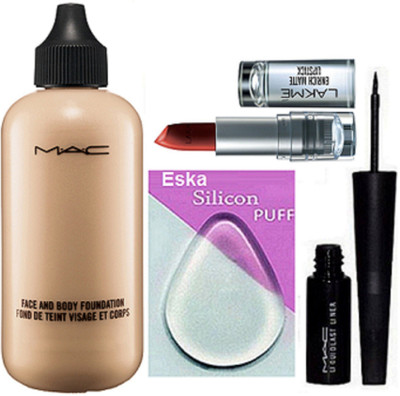 

eska Silicon Puff, Mac Face And Body Foundation, Liquid Eyeliner & Lakme Enrich Matte Lipstick(Set of 4)