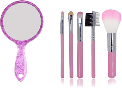 

AASA Combo of Double Sides Portable Foldable Pocket Mirror with 5 Pcs Professional Cosmetic Makeup Brushes Best Diwali Gift Items for Your Sister(Set of 6)