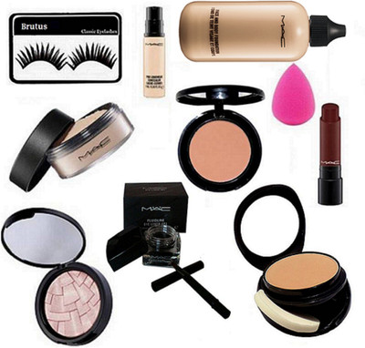

BRUTUS Eyelashes & Mac face & body Foundation & Loss Powder & Blusher & liptensity Lipistick & Fluidline Eye-liner Gel & Two Way Compact & Anastasia Illuminater & pro longwear concealer, Sponge Puff(Set of 10)