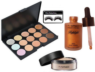

Pink rebellion Eyelashes & Mac 15 shade Concealer Palette & Loose Powder With Skin Base Visage Highlight(Set of 4)