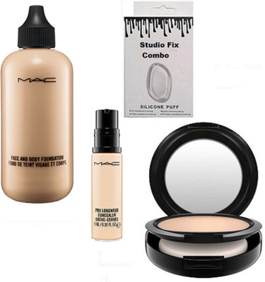 

studio fix combo Silicon Puff & Face And Body Foundation & Pro Longwear Concealer & Mac Compact(Set of 4)