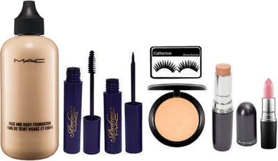 

catherine eyelashes, mac face and body foundation, padma eyeliner & mascara, stick concealer, finish matte lipstick, compact(Set of 7)