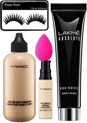 

power point Eyelashes&Mac Face&Body Foundation&Mac Pro Long Wear Concealer&Lakme Absolute Blur Perfect Makeup Primer&Sponge Puff(Set of 5)