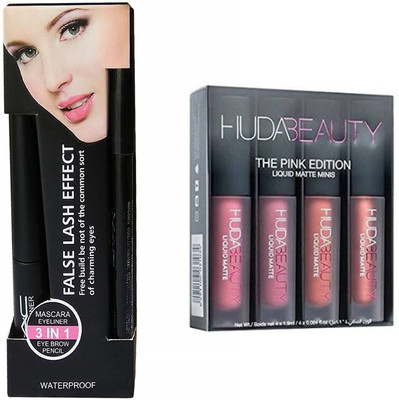 

RHV Eyebrow Pencil Black & Liquid Eye Liner & ( 3in1) And Beauty HUDA Pink Edition(Set of 4)