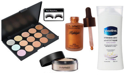 

Pink rebellion Eyelashes & Mac 15 Shades Concealer Palette & Loose Powder & Prep Prime Highlight & Intensive Care(Set of 5)