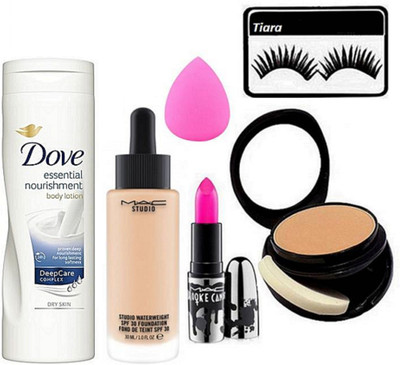 

tiara Eyelashes , Two Way Compact , Studio Waterweight Foundation , Brook Candy Pink Lipstick ,Sponge Puff. Dove Essential Nourishment Body Lotion(Set of 6)