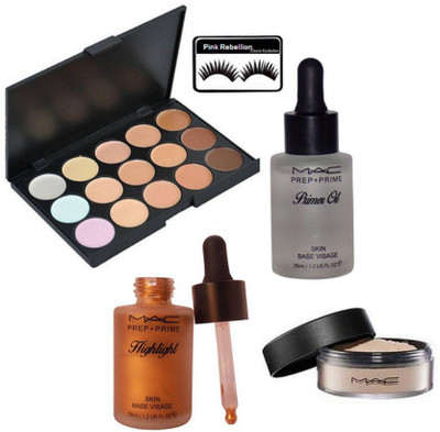 

Pink Rebellion Eyelashes & Mac 15 shade Concealer Palette & Skin Base Highlight & Prep+Prime Primer Oil With Loose powder(Set of 5)