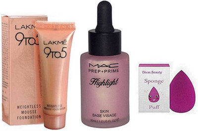 

divas beauty Eyelashes, Mac Prep+Prime Skin Base Visage Highlight, 9 To 5 Mousse Foundation(Set of 3)