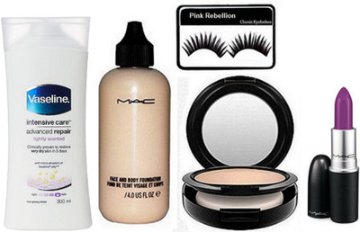 

Pink rebellion Eyelashes & Face & Body Foundation and Compact and Matte Finish Herion Lipstick & Vaseline Intensive Care(Set of 5)