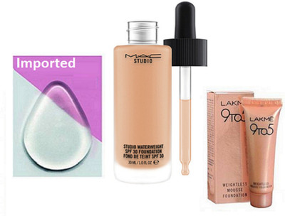 Imported silicon Puff With Mac Studio Waterweight Foundation & Lakme 9 to 5 Mousse Foundation(Set of 3)