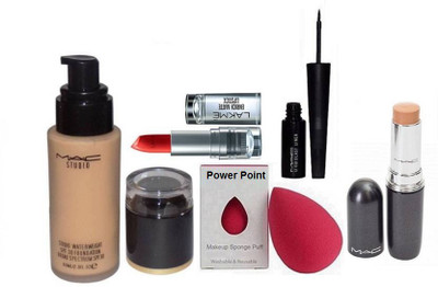 

power point Sponge puff, Mac Studio WaterWeight Spf 30 Foundation, Liquid Last Eyeliner, Stick Concealer Studio Fix Fluid Spf 15& Lakme 9to5 Enrich Matte Lipstick(Set of 5)