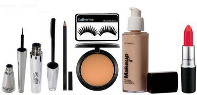 

catherine Eyelashes, mac makeup foundation, brook candy eyeliner & mascara, finish matte lipstick, compact, pencil kaj.(Set of 7)