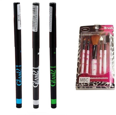 

jollity Make Up Brush And Glam 21 LongLasting Kajal Black Blue Green (Black, Blue, Green)(Set of 4)