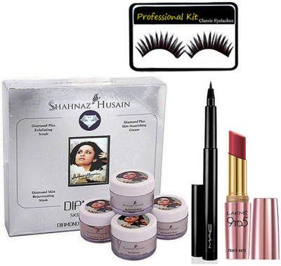 

Professional kit Of Eyelashes,Shahnaz husain Diamond Revival Facial Kit with Mac Pencil Eyeliner Blackest waterproof 1.45 gm, 9 to 5 Primer + Matte Lipstick(Set of 4)