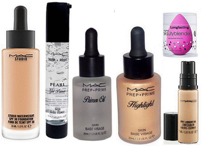 

longlasting Sponge Puff, Mac Watertweight Foundation, pro Long wear Concealer, Prep+prime Highlighter, Pearl Gel Primer & Prime Oil Primer (Set of 6)(Set of 6)