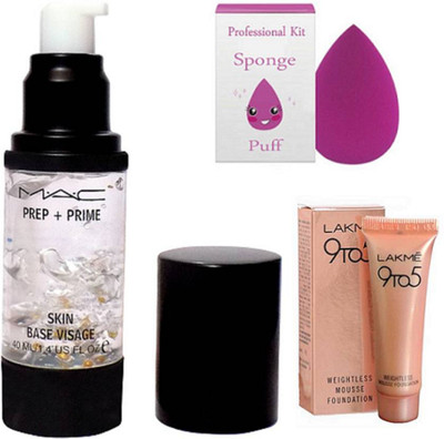 

Professional kit sponge Puff, Mac Prep + Prime Skin Base Visage Primer, 9 To 5 Mousse Foundation(Set of 3)