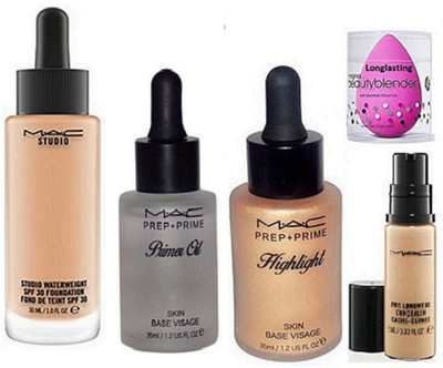 

longlasting Sponge Puff, Mac Water weight Foundation, pro Long wear Concealer, Prep+prime Highlighter, Primer Oil (Set of 5)(Set of 5)