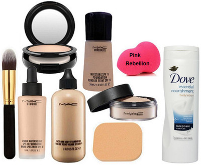 

Pink Rebellion Sponge Puff & Make Up Brush, Make Up Applying 2 Sponge Puff, Mac Studio Fix & Loose Powder Compact, Face & Body, Studio Waterweight & Mineralize Moisture Foundation Dove Essential Nourishment Body Lotion(Set of 9)