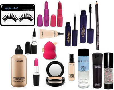 

big basket Eyelashes, Face And Beauty Foundation,pro Longwear Concealer,select Cover-up,candy Yum-yum Lipstick,gaimbattista Lipstick2, Studio Fix Compact,padma Eyeliner,mascara,kajal,serum, Face Primer,& Bobbi Brown Liquid Makeup Remover (Set of 16)(Set o