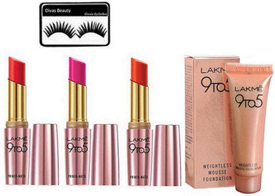 

divas beauty Eyelashes With 9to5 Matte Finish Long Lasting Lipstick, 9 To 5 Mousse Foundation(Set of 5)