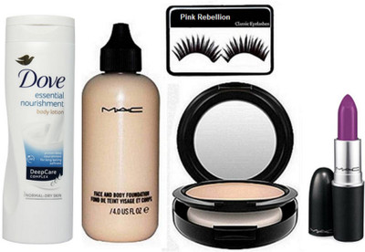

Pink rebellion Eyelashes &Face & Body Foundation and Compact and Matte Finish Herion Lipstick & Dove Essential Nourishment Body Lotion(Set of 4)