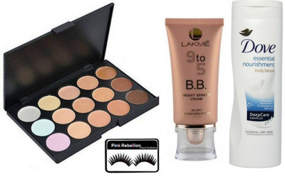 

Pink rebellion Eyelashes &Mac concealer palette in 15 shades and 9 to 5 B.B Bright Benefit cream & Dove Essential Nourishment Body Lotion(Set of 4)