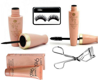 

Ellie Eyelashes With Lakme 9to5 Eyeliner And Mascara, Mousse Foundation & Eyelashes Curler(Set of 5)
