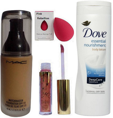 

Pink Rebellion Sponge Puff & Mac Match master SPF 15 Foundation, Kylie Liquid Lip Gloss & Dove Essential Nourishment Body Lotion(Set of 4)