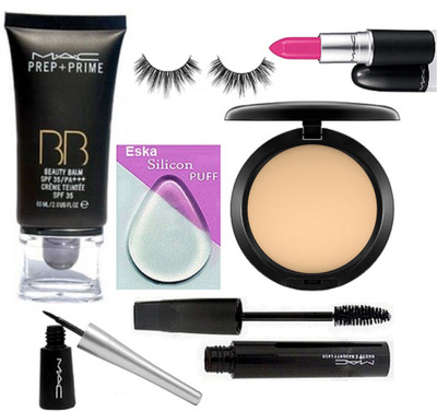 

eska Silicon Puff,Mac Prep-Prime BB Beauty Balm Foundation, Compact, Liquid Eyeliner, Haute And Naughty Mascara, Eyelashes, Candy Yum-Yum Lipstick(Set of 7)