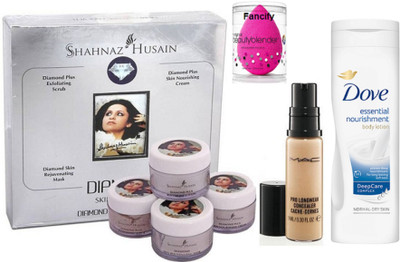 

fancify sponge puff & shahnaz husain diamond facial kit & mac pro longwear concealer & dove essential nourishment body lotion (250 ml )(Set of 4)