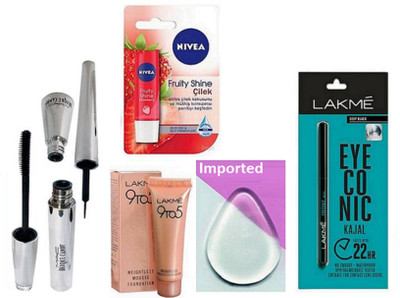 

Imported silicon Puff, Mac Brooke Candy Eyeliner & Mascara & Eyeconic Kajal, 9 TO 5 Mousse Foundation & Lip Balm(Set of 6)
