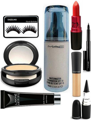 

DAZZLING Eyelashes & Mac MAtchmaster Foundation & Lady GAga Lipstick & Face Compact & Minerlize Concealer & Pen Eyeliner & lakme absolute primer & Stick kaj(Set of 8)