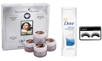 

BRUTUS Eyelashes, Shahnaz Husain Diamond Facial Kit, Dove Essential Nourishment Body Lotion(Set of 3)