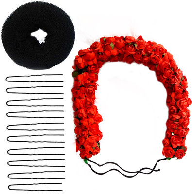 

Rapidsflow® Hair Accessories For Women Stylish Gajra For Hair With Hair Donut And Juda Pins Hair Band, Hair Pin(Red, Black)