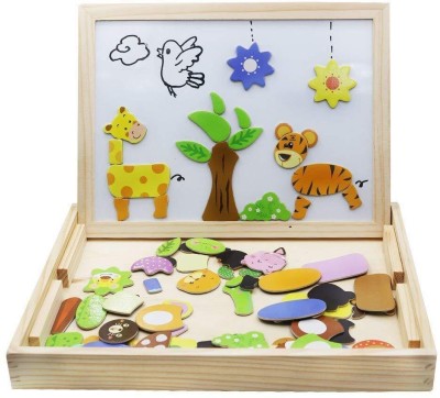 Authfort Wooden Educational Toys,Magnetic Puzzles Double Side Drawing Board Art Easel Game Gift for Kids Toddlers (Animal Style)(100 Pieces)