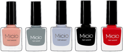 

Micio Luxurious Collection of Glossy Nail Lacquer Nude Elegance, Ash Grey, Arctic, Sinful Black, Bloody Mary(Pack of 5)