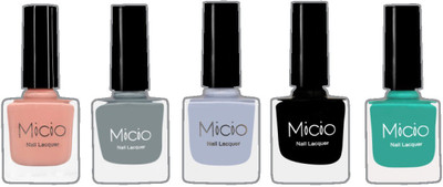 

Micio Luxurious Collection of Glossy Nail Lacquer Nude Elegance, Ash Grey, Arctic, Sinful Black, Typical Teal(Pack of 5)