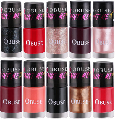

Obuse Paint Me Non-Toxic Premium Nail Paint Vegan Flirty Black, Naughty Red, Pink Crush, Purple Fusion, Pink Shots, Spicy Crimson, Sinful Nude, Iconic Black, Antique Gold, Pretty Pink(Pack of 10)