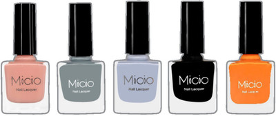 

Micio Luxurious Collection of Glossy Nail Lacquer Nude Elegance, Ash Grey, Arctic, Sinful Black, Peaches N Cream(Pack of 5)