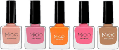 

Micio Luxurious Collection of Glossy Nail Lacquer Nude Elegance, Fussy Fuschia, Peaches N Cream, Pink Candy, Sandstorm Brown(Pack of 5)