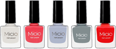 

Micio Luxurious Collection of Glossy Nail Lacquer Angel White, Bubbly Pink, Arctic, Ash Grey, scarlet O'Hara(Pack of 5)