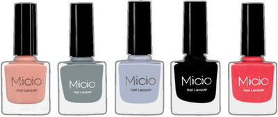 

Micio Luxurious Collection of Glossy Nail Lacquer Nude Elegance, Ash Grey, Arctic, Sinful Black, Bubbly Pink(Pack of 5)