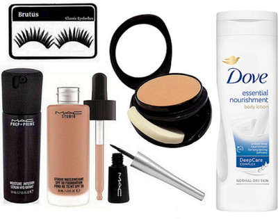 

BRUTUS Eyelashes, Mac Studio Waterweight Spf 30, Liquid Eyeliner, Prep+Prime Face Serum, Two Way Compact, dove essential nourishment body lotion(Set of 6)