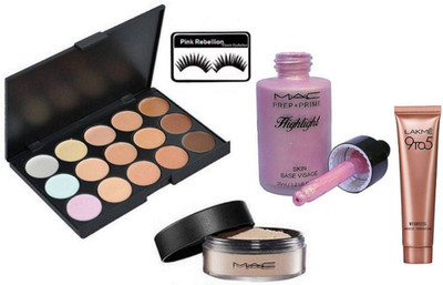 

Pink rebellion Eyelashes & Mac 15 shade Concealer Palette & Loose Powder With Skin Base Visage Highlight & Lakme 9 To 5 Weightless Mousse Foundation(Set of 5)