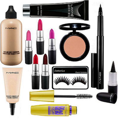 

catherine eyelashes, mc face and body foundation, select coverup concealer, pen eyeliner, stick kaj., finish matte lipstick pack of 5, star trik blusher, lkme absolut primer, the mag num mascara(Set of 13)