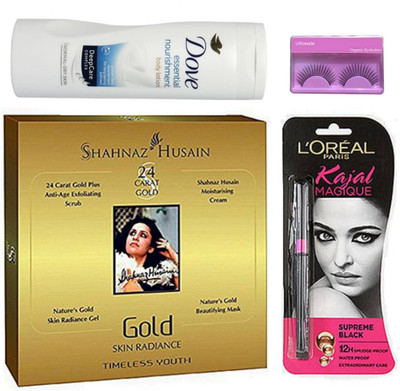 

Ultimate Eyelashes, 24 Carat Gold Facial Kit With Magique Kajal & Dove Essential nourishment Body Lotion(Set of 4)